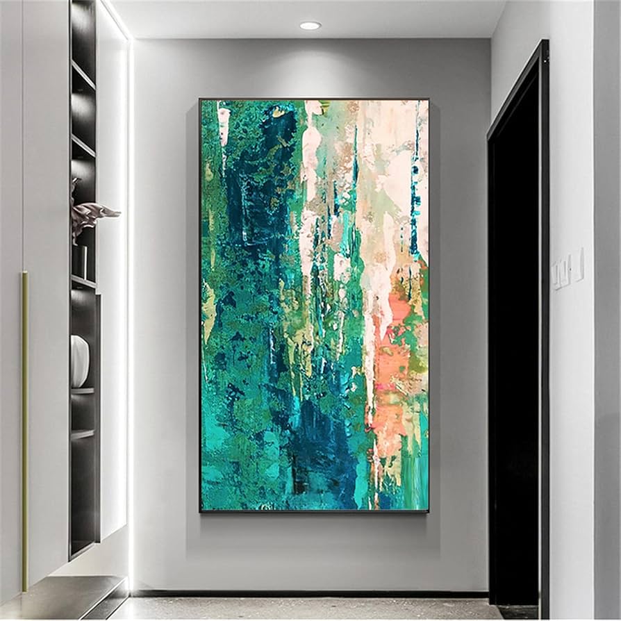 Large Size Vertical Panel Wall Art Oil Painting Green Blue Grey Canvas Wall Art Oversize Artwork Decor Living Room Mural 75x150cm/(30x59inch) with-Black-Frame