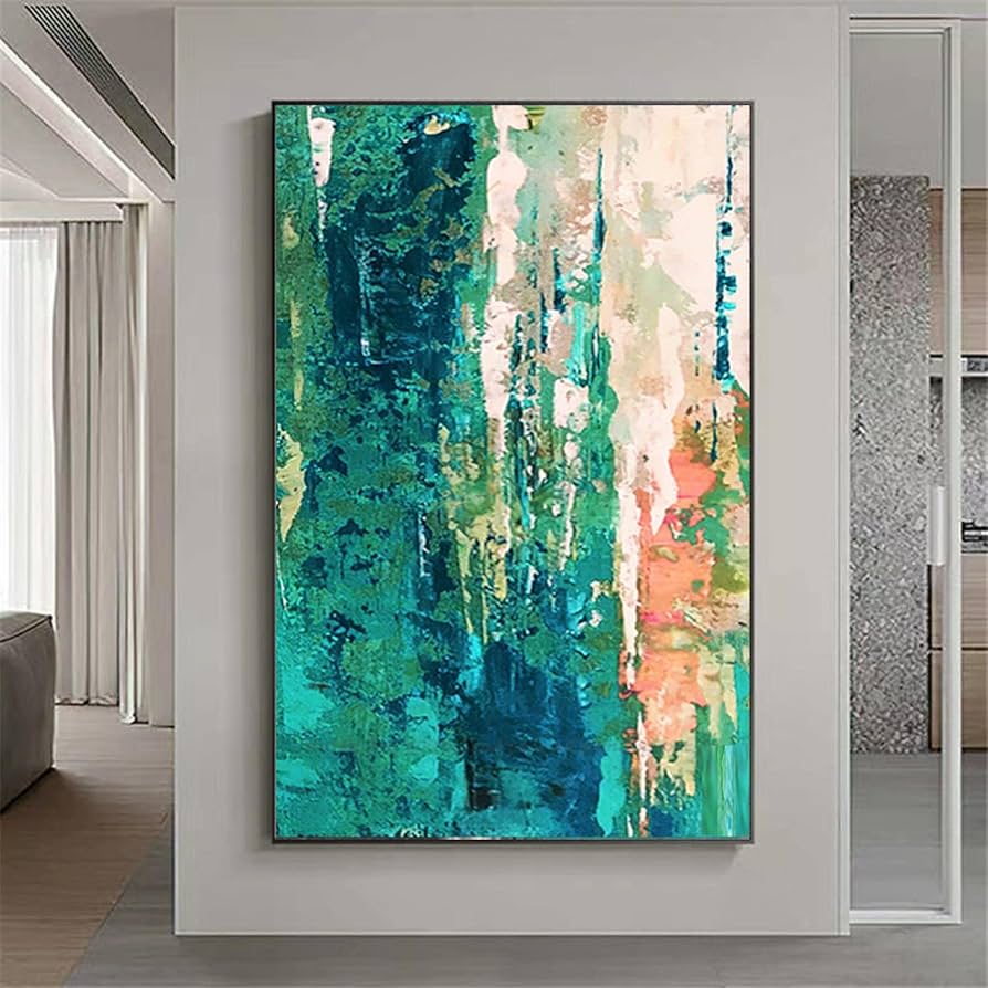 Large Size Vertical Panel Wall Art Oil Painting Green Blue Grey Canvas Wall Art Oversize Artwork Decor Living Room Mural 75x150cm/(30x59inch) with-Black-Frame
