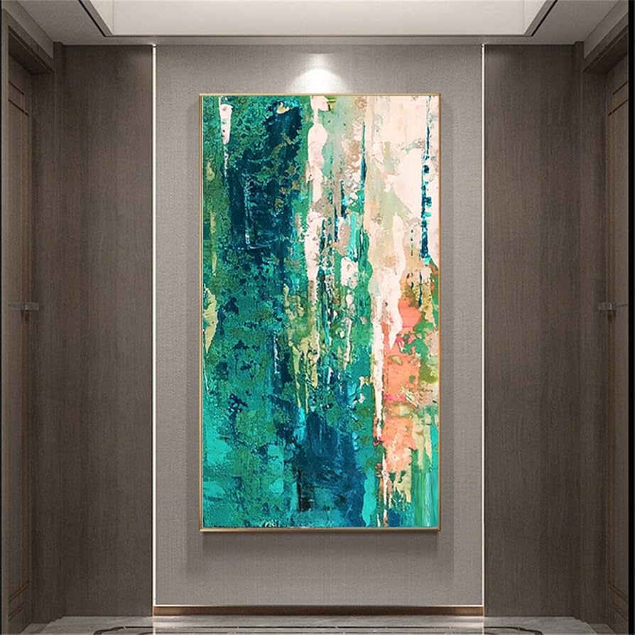 Large Size Vertical Panel Wall Art Oil Painting Green Blue Grey Canvas Wall Art Oversize Artwork Decor Living Room Mural 75x150cm/(30x59inch) with-Black-Frame
